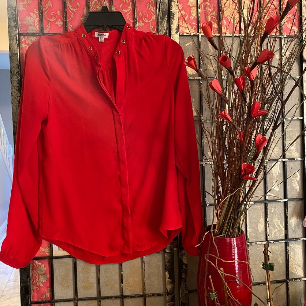 MIROA Beautiful Red (Hidden) Button Up Long Sleeve Blouse - Grommet Collar NWOT